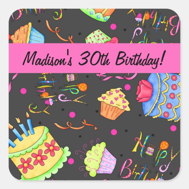 Black Hot Pink Cake 30th Birthday Celebration Square Sticker (Front)