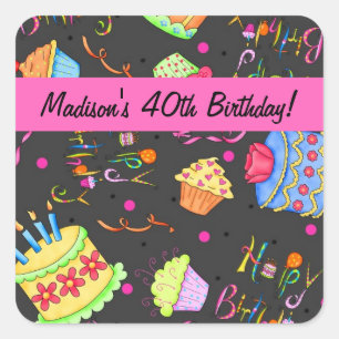 Black Hot Pink Cake 40th Birthday Celebration Square Sticker