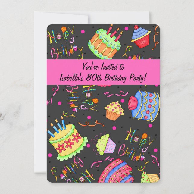 Black Hot Pink Cake 70th Birthday Invitation (Front)