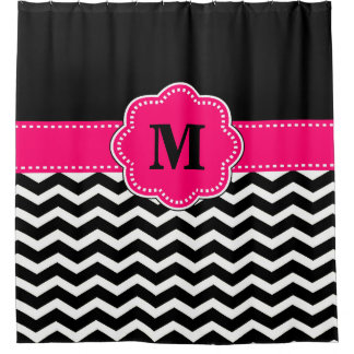 Black hot pink chevron Monogram Shower Curtain
