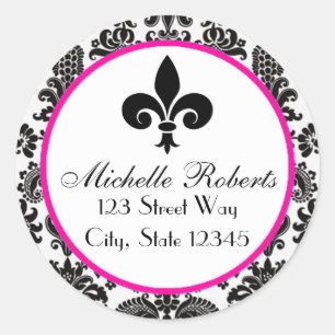 Black &Hot Pink Damask Fleur De Lys Address Label