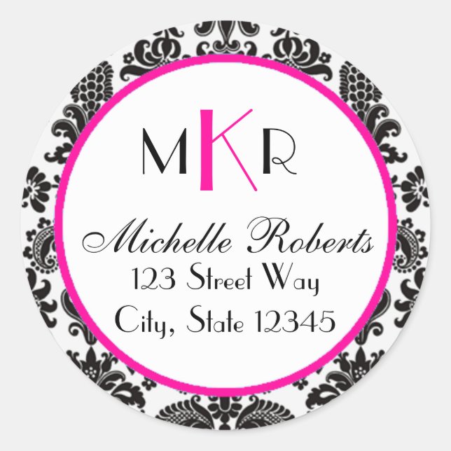 Black & Hot Pink Damask Round Return Address Label (Front)