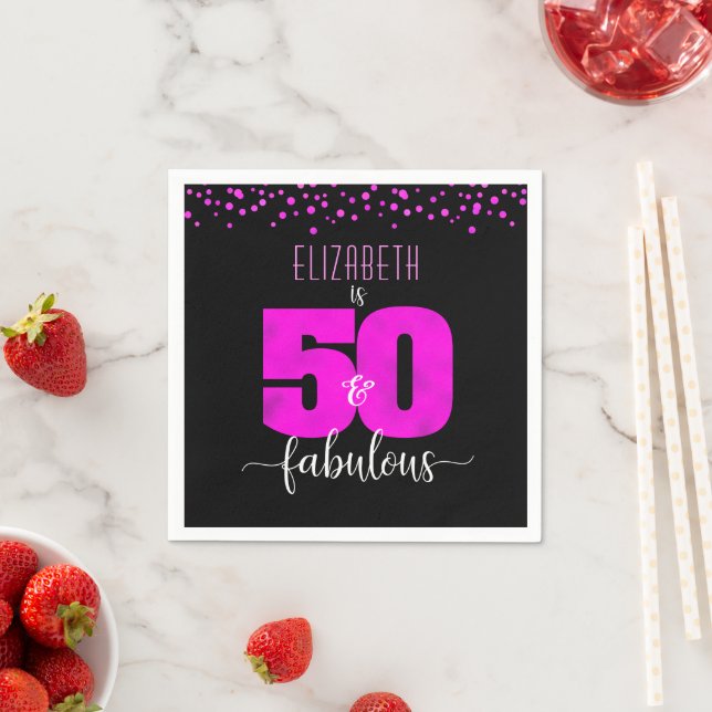 Black hot pink fifty fabulous birthday bold custom napkin (Insitu)