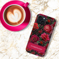 Black Hot Pink Glam Roses Marble Monogram Name