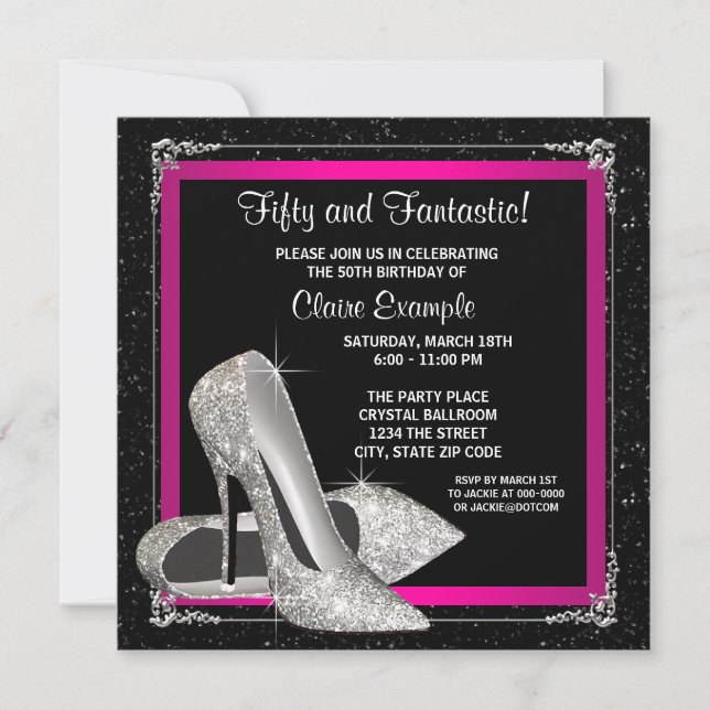 Black Hot Pink Glitter High Heel Birthday Party Invitation (Front)