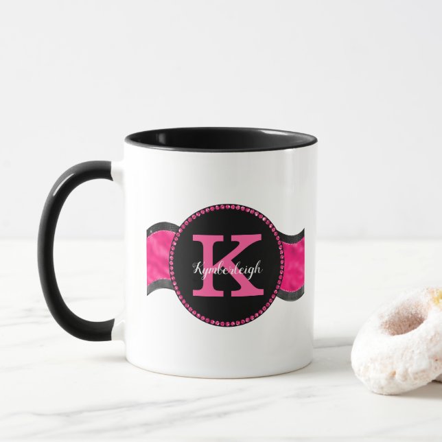 Black Hot Pink Grey Waves Girly Glam Monogram Name Mug (With Donut)