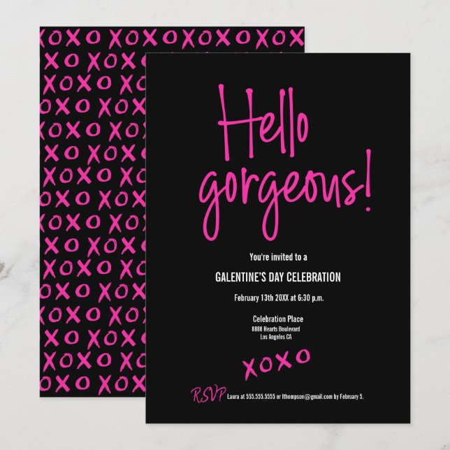 Black Hot pink Hello gorgeous Galentine's Day xoxo Invitation (Front/Back)