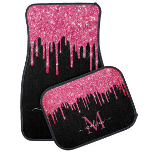 Black Hot Pink Magenta Glitter Dripping Monogram Car Mat