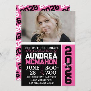 Black & Hot Pink Modern Graduation Photo Invitation