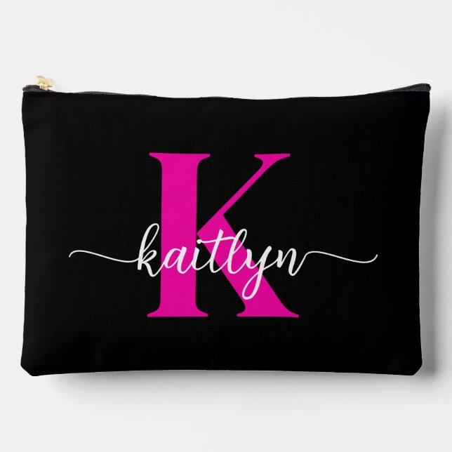 Black Hot Pink Monogram Accessory Pouch (Front)