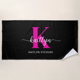 Black Hot Pink Monogram Beach Towel