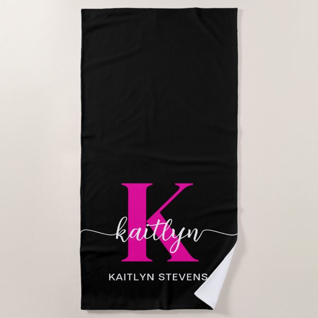 Black Hot Pink Monogram Beach Towel (Front)