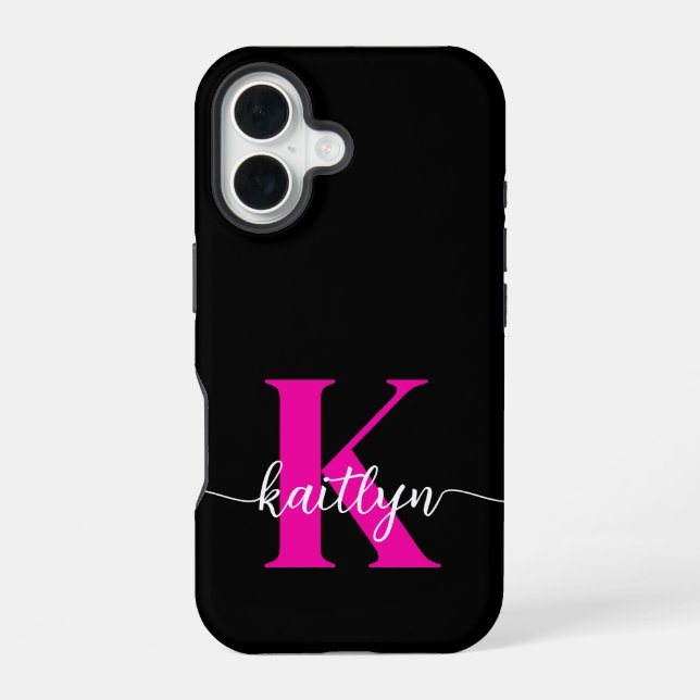 Black Hot Pink Monogram iPhone 16 Case (Back)