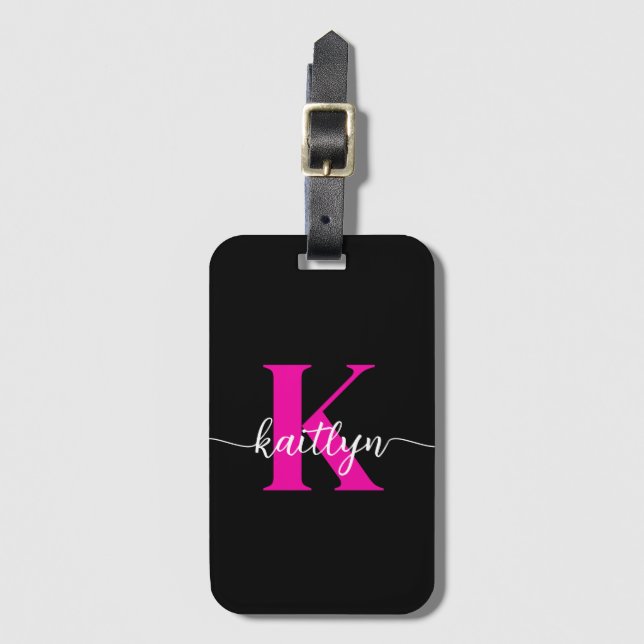 Black Hot Pink Monogram Luggage Tag (Front Vertical)