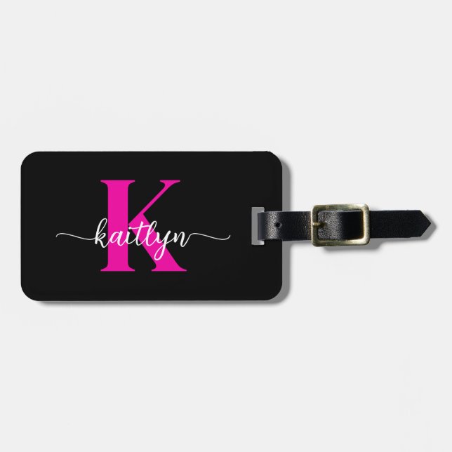 Black Hot Pink Monogram Luggage Tag (Front Horizontal)