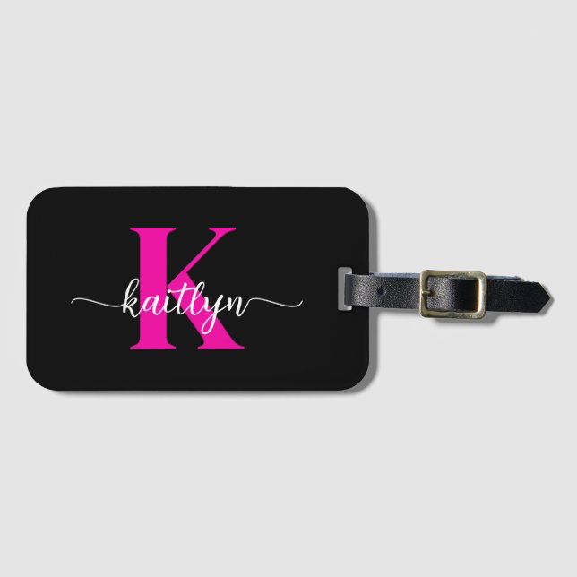 Black Hot Pink Monogram Luggage Tag (Front Horizontal)