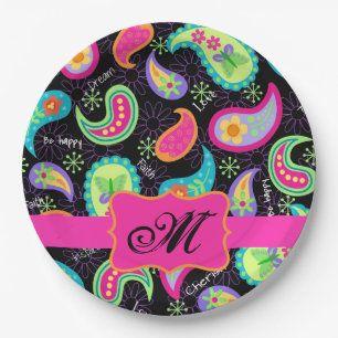 Black Hot Pink Monogram Personalised Mod Paisley Paper Plate