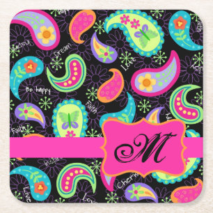 Black Hot Pink Monogram Personalised Mod Paisley Square Paper Coaster