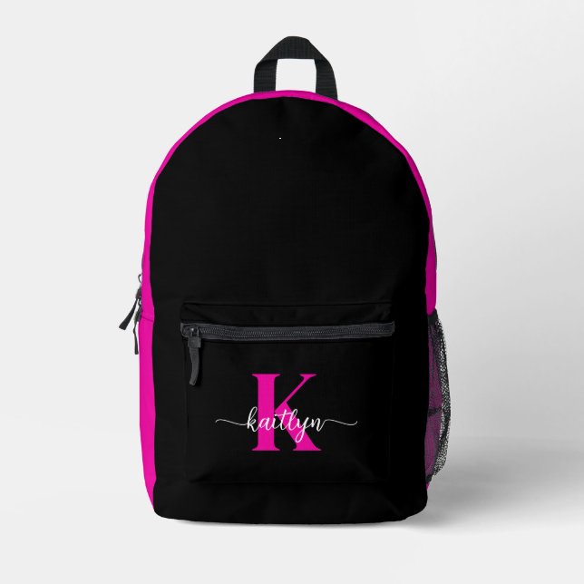 Black Hot Pink Monogram Printed Backpack (Front)
