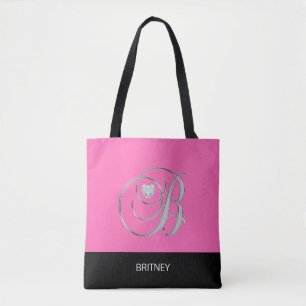 Black HOT PINK Monogrammed Letter Initial B Tote Bag