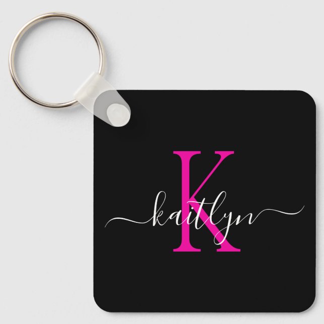 Black Hot Pink Name Initial Monogram Key Ring (Front)