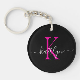 Black Hot Pink Name Initial Monogram Key Ring