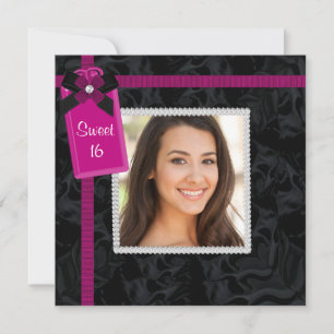 Black Hot Pink Photo Sweet 16 Birthday Party Invitation