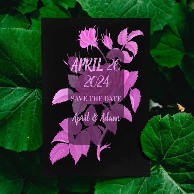 Black Hot Pink Rose Botanical Save the Date Card (Creator Uploaded)