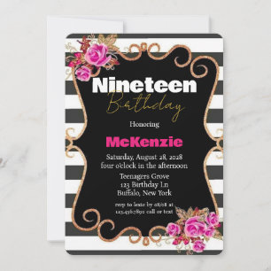 Black Hot Pink Roses Girl 19th Birthday Party Invitation