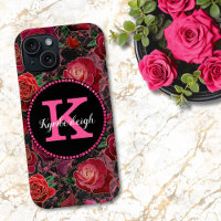 Black Hot Pink Roses Marble Diamond Monogram Name