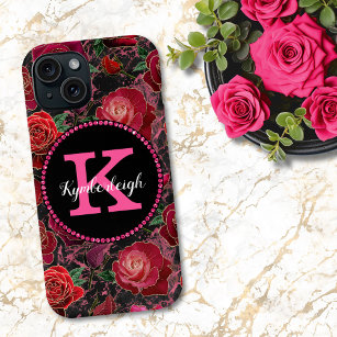 Black Hot Pink Roses Marble Diamond Monogram Name iPhone 15 Case