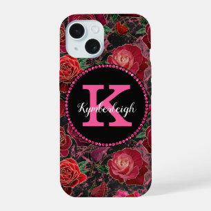 Black Hot Pink Roses Marble Diamond Monogram Name iPhone 15 Case