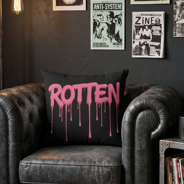 Black & Hot Pink ROTTEN Pink Dripping Text Cushion (Creator Uploaded)