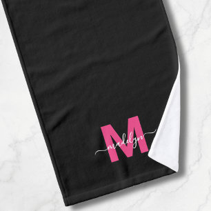 Black Hot Pink Script Name Monogram Hand Towel