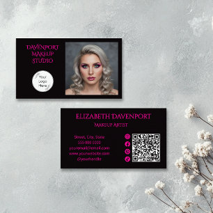 Black Hot Pink Social Icon QR Code Photo Makeup Business Card