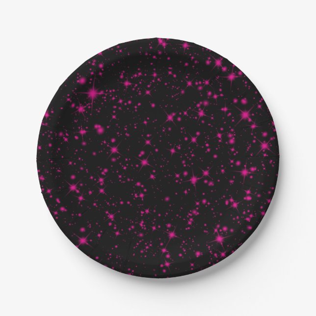Black & Hot Pink Sparkles Sparkly Glitter Stars Paper Plate (Front)