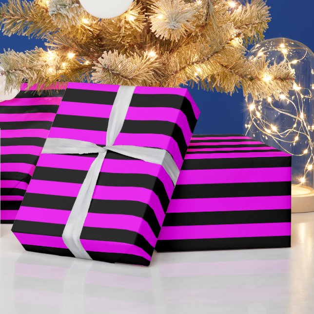 Black Hot Pink Stripe Pattern Wrapping Paper (Holidays)