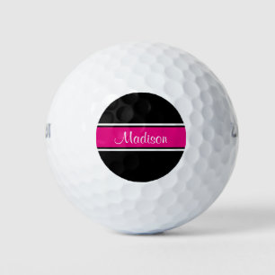 Black Hot Pink Stripe Script Name Monogram Golf Balls