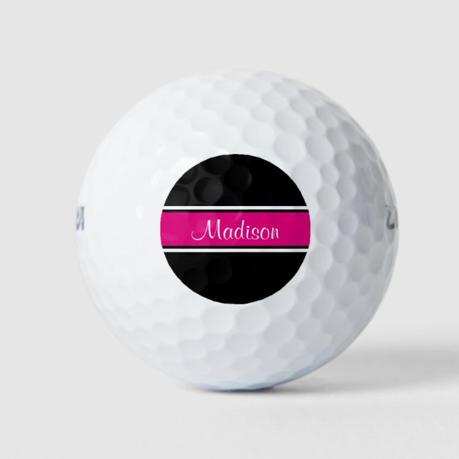 Black Hot Pink Stripe Script Name Monogram Golf Balls (Front)