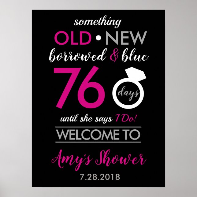 Black Hot Pink White Silver Bridal Wedding Shower Poster (Front)