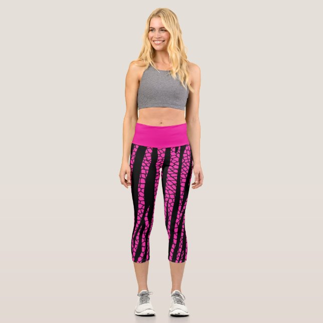 Black Hot Pink Zebra Print High Waisted Capris (Front)