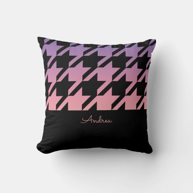 Black Houndstooth Pattern Pink Purple Ombre Cushion (Front)