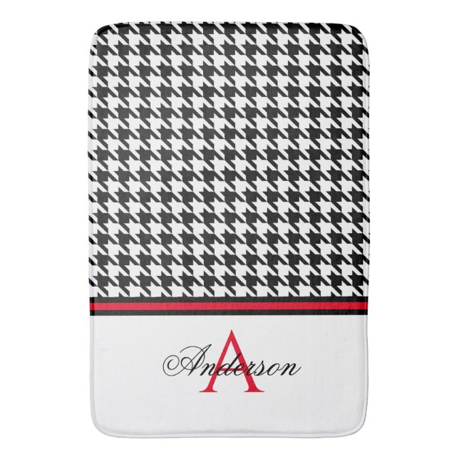 Black Houndstooth Red Monogram   Bath Mat (Front Vertical)