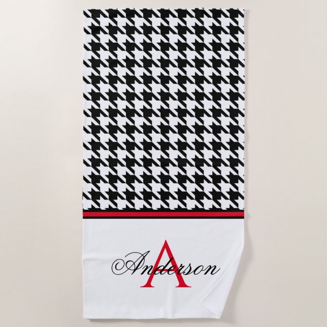 Black Houndstooth Red Monogram   Beach Towel (Front)