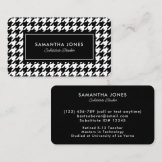 Black Houndstooth Substitute Teacher Contact Info Business Card
