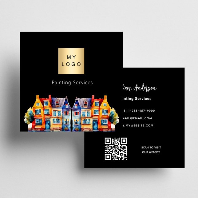 Black house painting service QR code logo Square Business Card (Creator Uploaded)