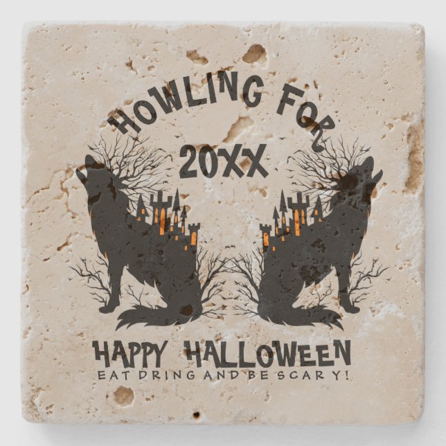 Black Howling Wolf Illustration Stone Coaster (Front)