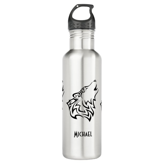 Black Howling Wolf Tribal Vector Add Name 710 Ml Water Bottle (Front)