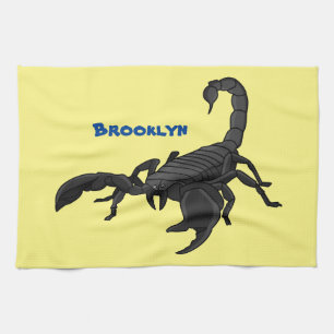 Black hungry scorpion cartoon illustration tea towel