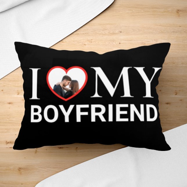 Black I Love My Boyfriend Your Photo Heart  Lumbar Cushion (Creator Uploaded)